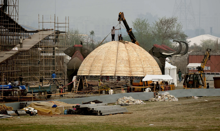 Construction work gets under way on the banks of the Yamuna in New Delhi. Photograph: Money Sharma/AFP/Getty Images