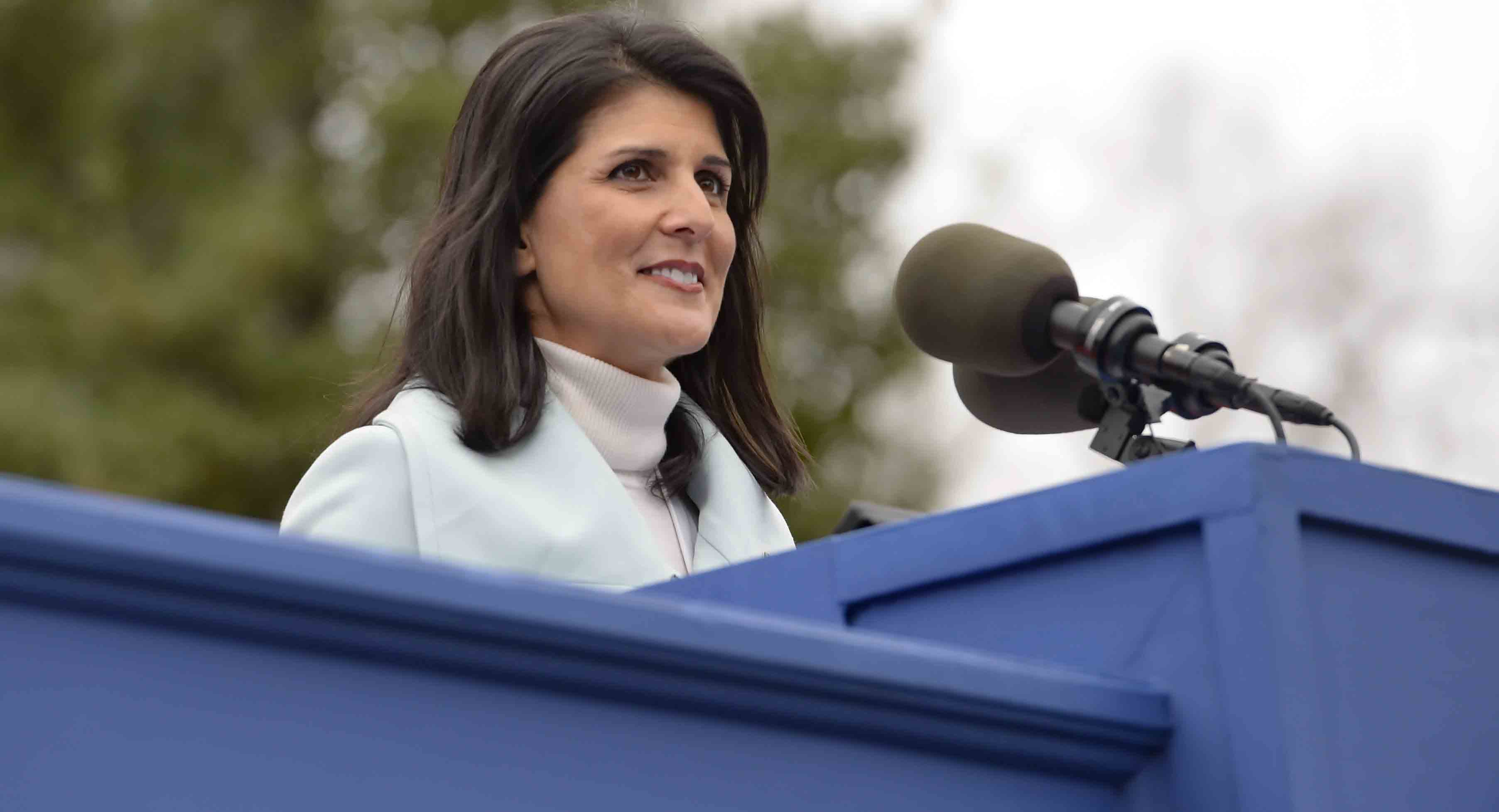 South Carolina Gov. Nikki Haley speaks to the crowd after being sworn in for her second term as governor, Wednesday, Jan. 14, 2015, at the state Capitol in Columbia, S.C. (AP Photo/Richard Shiro)