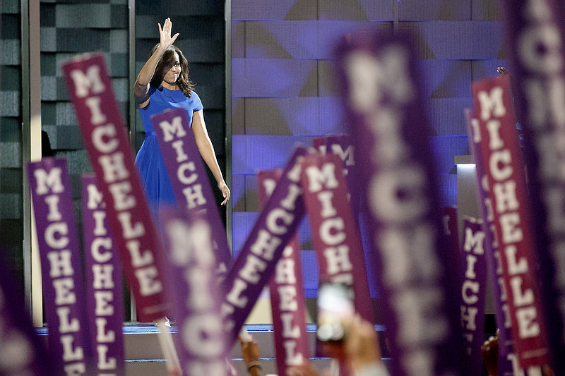 First Lady Michele Obama waves to the crowd after her speech. The 2016 Democratic National Convention in Philadelphia. Monday July 25, 2016.