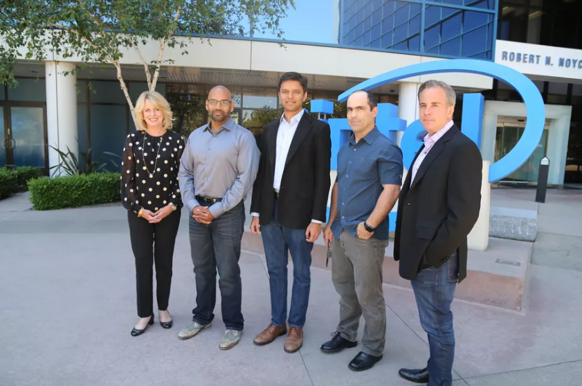 Intel data center chief Diane Bryant, with Nervana co-founders Naveen Rao, Arjun Bansal, Amir Khosrowshaki and Intel vice president Jason Waxman (left to right)