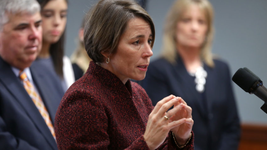 Attorney General Maura Healey at press conference in Quincy last week.–Jonathan Wiggs / The Boston Globe