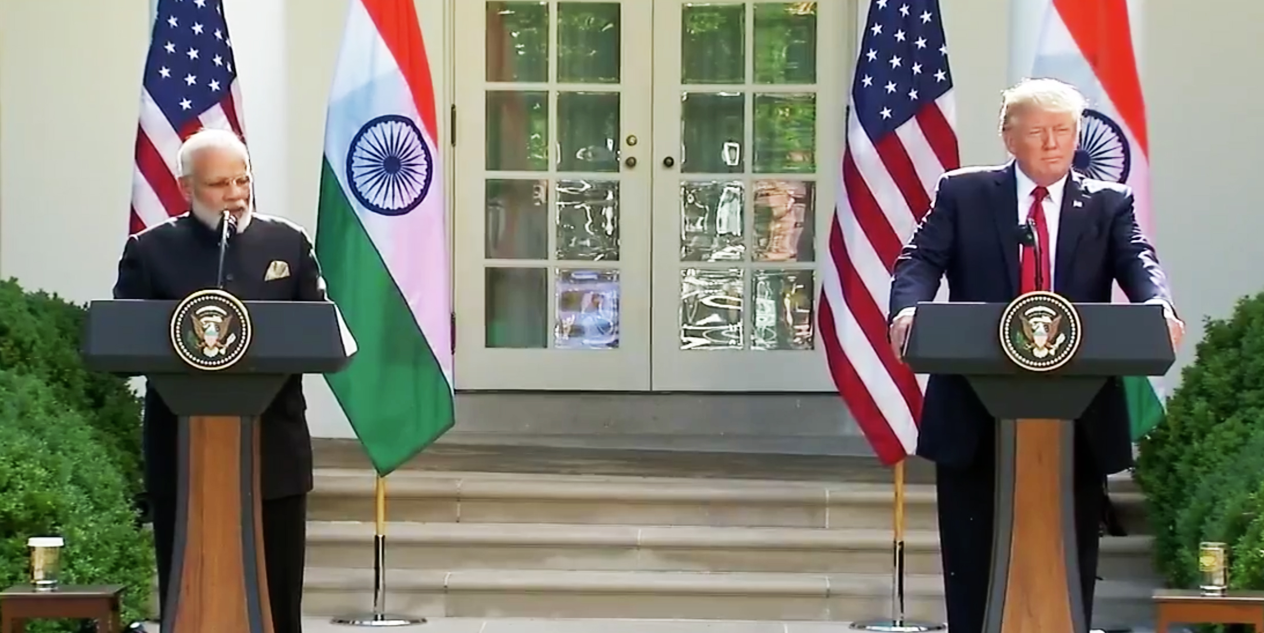 President Donald Trump and Indian Prime Minister Narendra Modi making joint statements in the Rose Garden of the White House in Washington