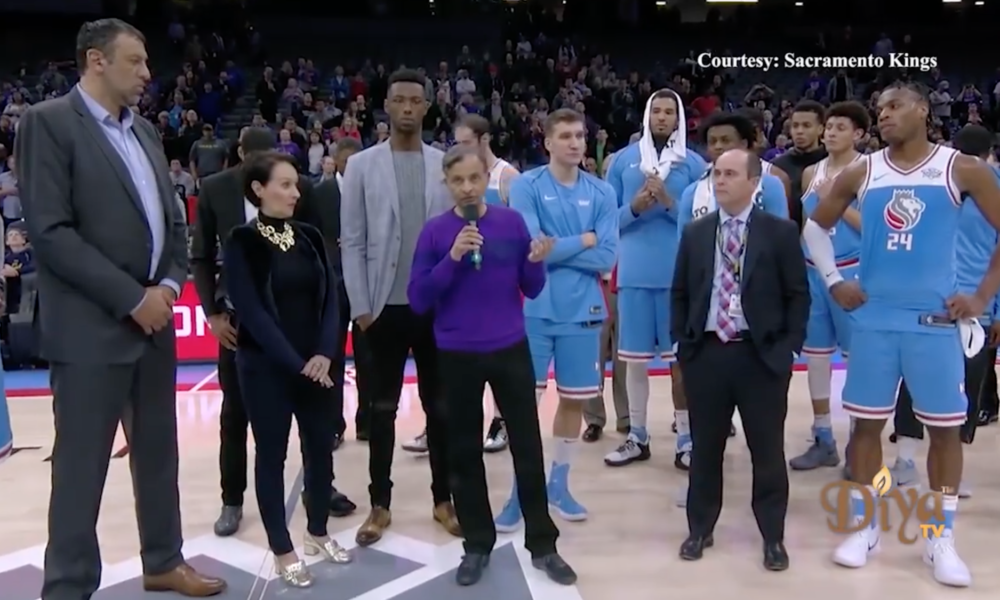 Vivek Ranadive addressing the crowds at the Golden One Center, just before the game, in light of Stephon Clark shooting. Photo: Sacramento Kings