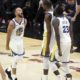 Golden State Warriors’ Kevin Durant celebrates with Stephen Curry, left, and Draymond Green (23) during the second half of Game 3 of basketball’s NBA Finals against the Cleveland Cavaliers, Wednesday, June 6, 2018, in Cleveland. The Warriors defeated the Cavaliers 110-102 to take a 3-0 lead in the series. (AP Photo/Carlos Osorio)