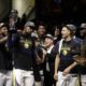 Golden State Warriors’ Kevin Durant, second from left, celebrates after the Warriors defeated the Cleveland Cavaliers 108-85 in Game 4 of basketball’s NBA Finals to win the NBA championship, Friday, June 8, 2018, in Cleveland. (AP Photo/Tony Dejak)