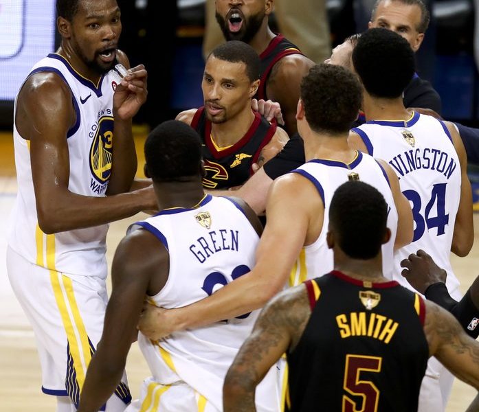 Game 1 gets chippy with 2.4 seconds left in OT, An altercation breaks out seconds before the end as Tristan Thompson gets ejected. Photo: AP/Ben Margot