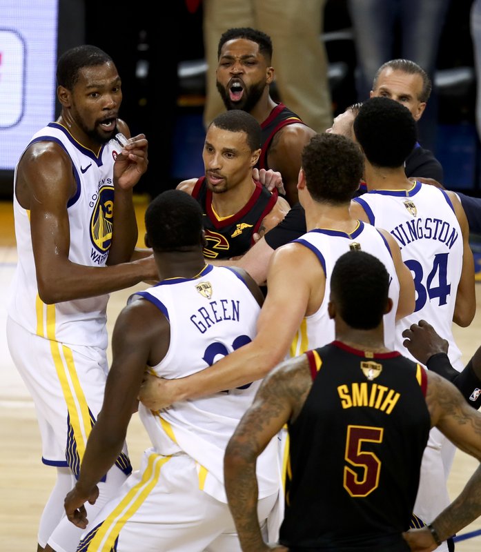 Game 1 gets chippy with 2.4 seconds left in OT, An altercation breaks out seconds before the end as Tristan Thompson gets ejected. Photo: AP/Ben Margot