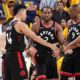 Raptors huddle after game 3 victory in Oracle Arena