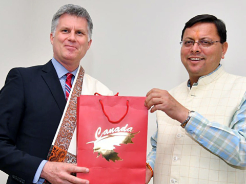 High Commissioner of Canada to India, Cameron McKay calls on Uttarakhand Chief Minister Pushkar Singh Dhami at the Chief Minister's residence, in Dehradun on Monday.