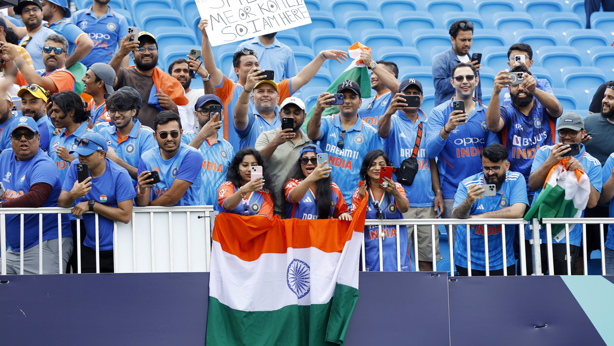 Indian fans celebrate during the Group A match against Ireland in the ICC Mens T20 World Cup 2024, at Nassau County International Cricket Stadium in New York on Wednesday.