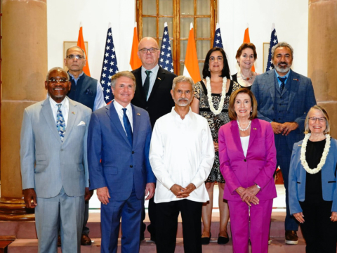 EAM S Jaishankar meets with the bipartisan US Congressional delegation led by US Congressman Michael McCaul, in New Delhi on Wednesday. Former US House Speaker Nancy Pelosi also seen.