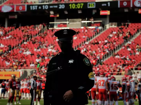 Police officers patrol Levis Stadium, home of the 49ers.