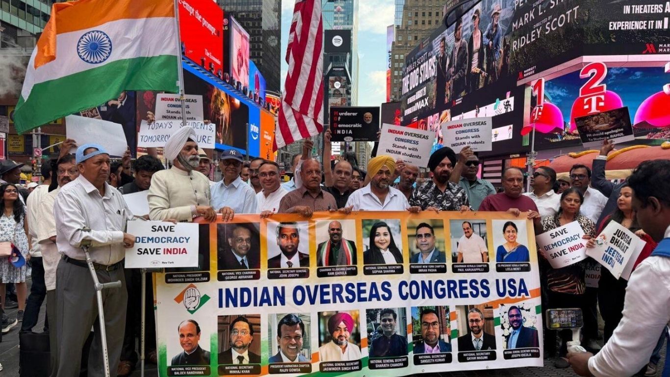 Indian Overseas Congress members rally in Times Square over exam issues